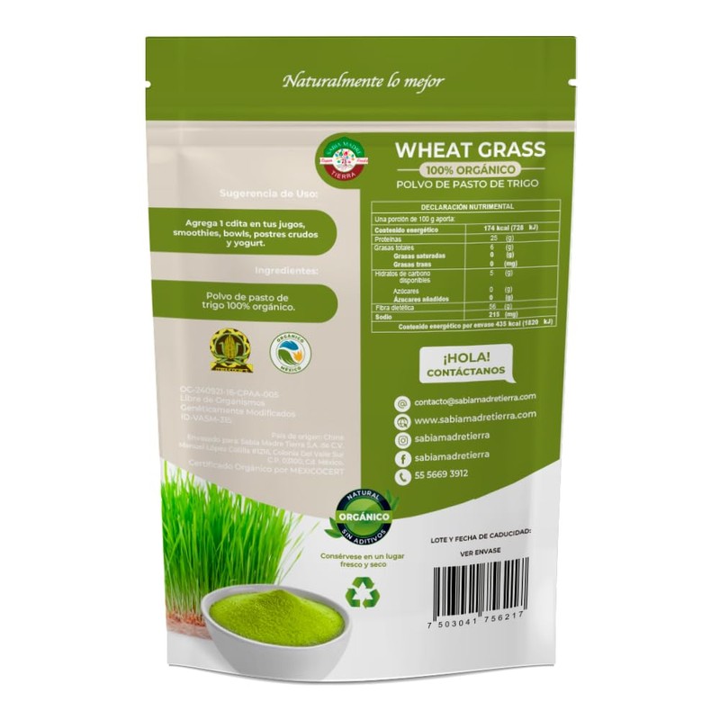 Wheatgrass Orgánico certificado en polvo 250g, fuente de clorofila, vitaminas