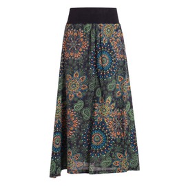 Vishes Long Women's Autumn Skirt with Mandalas, Size 34-48, Handmade from 100% Cotton, Skirt with Wide Waistband, For Warm and Cold Months, Sustainable Alternative Clothing, black-green, 44