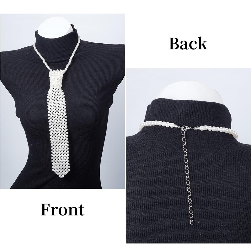 NICENEEDED Pearls Neck Tie, Handmade Weaving Shirt White Pearls Tie