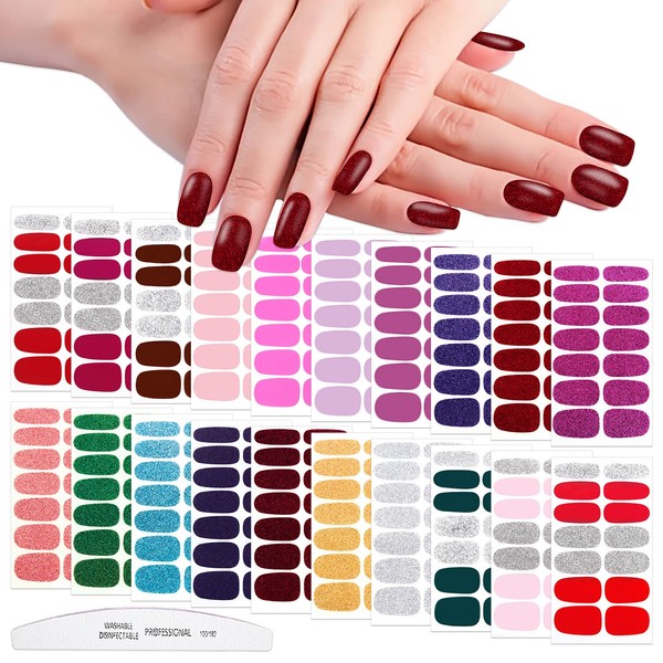 WOKOTO 20 Pcs Solid Fingernail Nail Polish Wraps Stirips with 1 Nail File Kit Mix Color+Glitter Solid Color +Solid Color 14 Tips Per Sheet Gel Nail Sticker Strips Kit for Women
