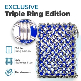 [Exclusive Edition] BTLUX Cast Iron Scrubber - 316 Stainless Steel, Triple Ring Chainmail Sponge - Perfect Cleaner for Pans, Skillets, Pots, Woks (Blue)