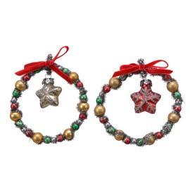 2 x Vintage Traditional Style Christmas Bauble Ring with Hanging Glass Star - Red, Green, Gold - 11 cm