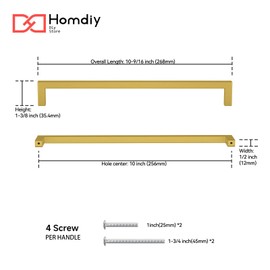 homdiy 10 Inch Gold Cabinet Handles 10 Pack Brushed Brass Kitchen Cabinet Pulls Modern Hardware for Dresser, Bathroom, Living Room 10" Hole Centers