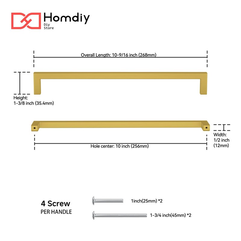 homdiy 10 Inch Gold Cabinet Handles 10 Pack Brushed Brass