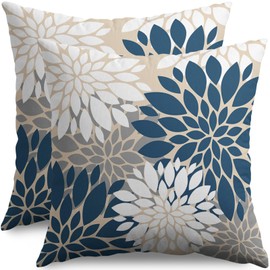 Smozenith Blue and Grey Throw Pillow Covers 18X18 Inch Set of 2, Blue Gray White Dahlia Floral Print Decorative Pillowcases Outdoor Summer Modern Farmhouse Cushion Cases for Home Couch Sofa Bed Decor
