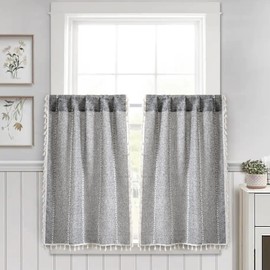 RoomTalks Dark Gray Boho Farmhouse Kitchen Curtains 36 Inch Length French Striped Modern Vintage Chic Textured Tassel Charcoal Short Cafe Curtains for Small Window Kitchen Bathroom Decor