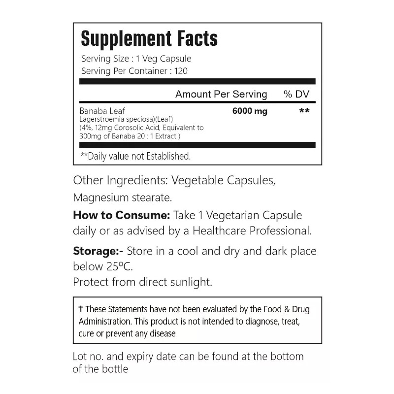 VitaCosmoX BANABA Leaf Extract High Potency 6000mg Corosolic Acid 12mg