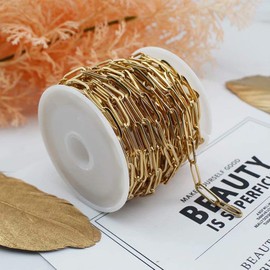 16.4 Feet (4mmX12mm) 18K Gold Plated Stainless Steel Chains Flat Paperclip Link Chains Necklace Bulk Chains with Jump Rings Lobster Clasps Extender Chain for DIY Jewelry Making