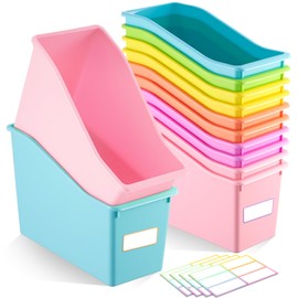 Geetery 12 Pcs Book Bin for Classroom with Labels Stackable Plastic Organizing Bins 11.5 x 5.4 x 7.5 in Book Holders Storage Bins Box Baskets for Classroom Library Home (Pastel Color)
