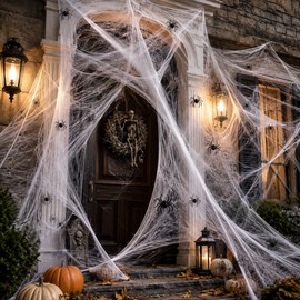 Halloween Spider Web Decorations for Party Décor – 4-Pack Stretchable Cobwebs with 8 Spiders for Haunted Houses