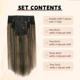 KIMSMTED Yaki Straight Human Hair Extensions Clip ins 16 Inch Yaki Clip in Hair Extensions for Black Women Natural Black to Strawberry Blonde Double Weft Remy Hair Extensions 120 Grams 7 Pcs