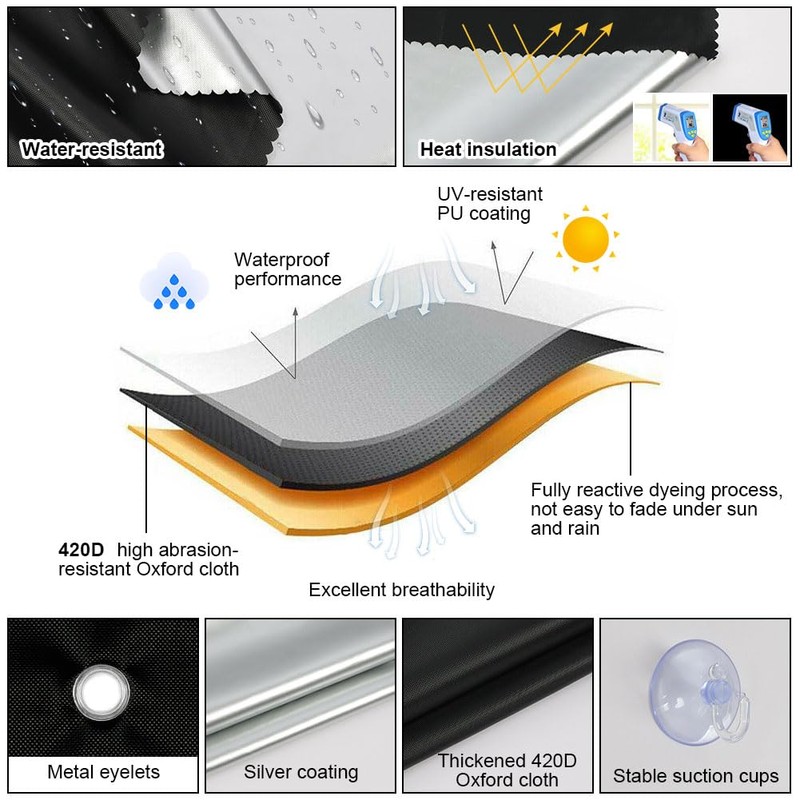 NUTKIT 96*100 CM Blackout Blind Suction Cup Curtain, 420D Waterproof