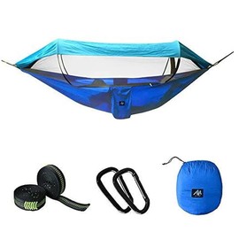 [2 in 1] Camping Hammock with Mosquito Net & Sunshade Cloth & Tree Straps for 2/Double Person, AYAMAYA Portable Parachute Nylon Lightweight Big Pop Up Swing Hammock with Bug/Insect Netting (Blue)
