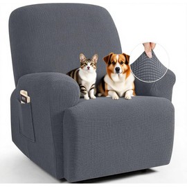 Recliner Cover, 4-Pieces Stretch Couch Cover Elastic with Pocket for Recliner, Armchair Furniture Protector Jacquard Sofa Cover, Sofa Slipcover for Kids, Pets, Dog &Cat,Dark Grey (1 Seater)