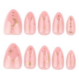 Star Press on Nails Nude Fake Nails Medium Almond False Nail with Design Gold Moon Glue on Nails Artificial Acrylic Nail Full Cover Stick on Nail for Women Girls Manicure 24pcs