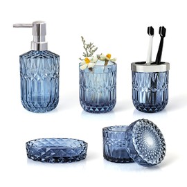 LaMarriti Blue Bathroom Accessories Set, 5Pcs Clear Glass Bathroom Accessories, Hand Soap Dispenser, Soap Dish, Toothbrush Holder Set, Qtips Holder for Crystal Vintage Bath Countertop Decor, Gift Set