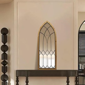 TopCity Arched Window Mirrors Farmhouse Wall Mirror 42"X16" Rustic Cathedral Entryway Mirror with Window Pane Wooden Decorative Mirror for Living Room,Fireplace,Hallway