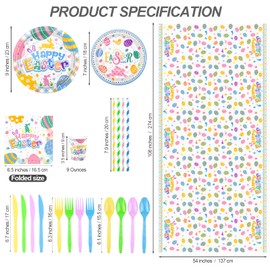 durony durony 194 Pieces Easter Colorful Tableware Set Dinnerware Bundle Including Paper Plates Cups Napkins Straws Plastic Cutlery Tablecloth for Easter Party Supplies Decorations, Serves 24 Guests