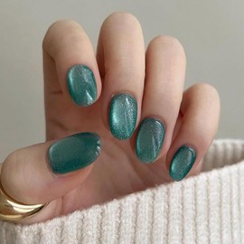 Nail Tips, Short, Round, Set of 24, Nail Tips, Blue, Cat Eye, False Nails, Popular, Japanese Style, Cute, Simple, Fashionable Party, Autumn, Winter, Spring and Summer, Can be Used for Everyday Use