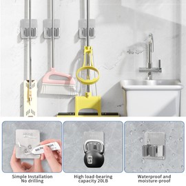UAREP Mop Broom Holder Wall Mount, Stainless Steel, Rust Resistant, Heavy Duty, No Drill,Self-adhesive Broom Holder Wall Mount with Hooks 4Pcs for Bathroom, Kitchen, Garage, Nickel