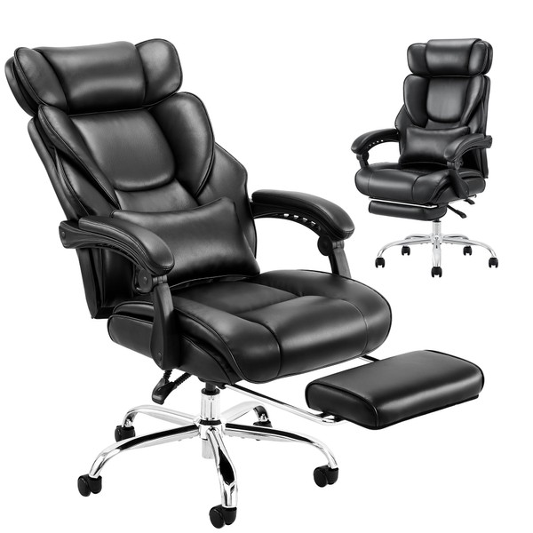 Office Chair with Footrest-Ergonomic Computer Chair with Extra Lumbar Support Pillow, High Back Executive Desk Chair Thick Bonded Leather, Large Home Office Work Chair with Wide Seat for Comfort-Black