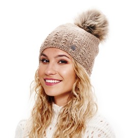 EliMeli® 14503 women's winter hat, warm knitted hat with bobble Slouch, knitted beanie for winter bobble hat, Made in EU, choice of colours., brown