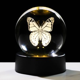 Arikyrist 2.36" Crystal Ball Engraved 3D Cute Butterfly Figurine Paperweight Decor with LED Night Light Base, Butterfly Themed Gifts for Women Friends Butterfly Lovers for Birthday Christmas Home
