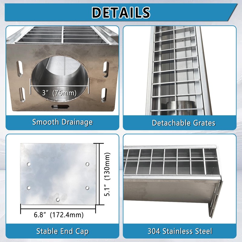 Stainless Steel Channel Drain 39.4"×6.8"×5.1" Durable Trench Drain System with