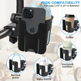 Ahgnhjh Stroller Cup Holder with Phone Holder,360°Rotatable Bottle Holder, 2-in-1 Stable Anti-Slip Stroller Accessories for Stroller, Bike, Wheelchair, Walker, Scooter