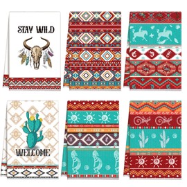 Kajaia 6 Pcs Aztec Theme Kitchen Towels Southwestern Dish Towels Native Hand Towels Decorative for Absorbent Drying Cloth Turquoise Geometric Ethnic Microfiber Tea Towels for Home Housewarming Gift