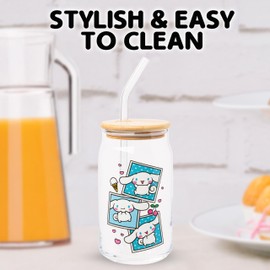 Silver Buffalo Sanrio Hello Kitty and Friends Cinnamoroll Polaroids Glass Jar Tumbler with Bamboo Lid and Glass Straw, 16 Ounces