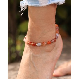 XHUUU Feng Shui Beaded Agate Anklet Chip Tumbled Crystals Ankle Bracelets for Women Reiki Crystals Jewelry Adjustable (Red Agate)