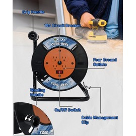 Zorky Extension Cord Storage Reel, Retractable Heavy Duty Open Cord Reel for 12/3,14/3,16/3 Gauge Extension Cord, Portable Empty Hand Wind Power Cord Roller Holder with 4-Grounded Outlets