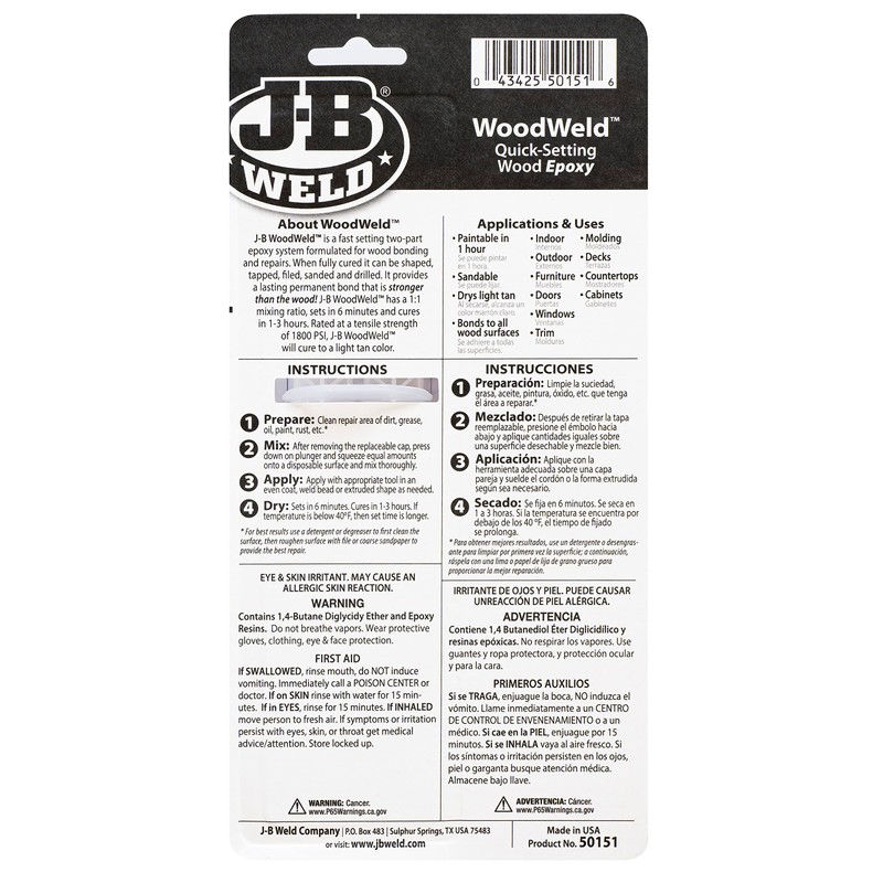 J-B Weld 50151 WoodWeld Epoxy Syringe - Light Tan -.85