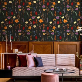 VEELIKE 17.7''x354'' Dark Fall Floral Peel and Stick Wallpaper Vintage Black Botanical Wallpaper Prepasted Removable Floral Wallpaper for Bedroom Bathroom Floral Contact Paper for Walls Cabinets Shelf