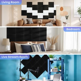 Focusound 18 Pack Sound Proof Panels for Walls, Self-Adhesive Acoustic Panels Sound Absorbing, 12" X 12" X 0.4" High Density Black Square Soundproof Wall Panels for Walls