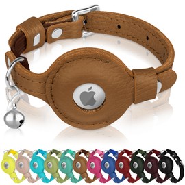 OOPSDOGGY Cat Collar for AirTag Holder, Leather Kitten Collars with Elastic Strap & Bell, Non Breakaway Adjustable Small Pet Collars for Indoor & Outdoor for Boy, Girl (Brown)