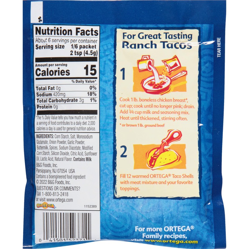Ortega Seasoning Mix, Ranch Taco Seasoning, 1 Ounce