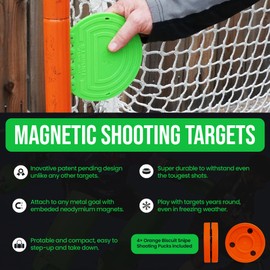 Top Shelf Targets Combo Bundle with 4-6 Inches Durable Magnetic Hockey Targets, 4 Tethers and 4 Green Biscuit Pucks for Ice Hockey and Lacrosse Goal Shooting Practice