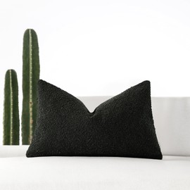 ROMANDECO Boucle Decorative Lumbar Pillow Cover for Couch Set of 1, 12x20 inches, Black