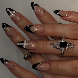 BABALAL Press on Nails Almond Medium Fake Nails Black French Tip Glue on Nails Metallic Cross Charm Goth Acrylic Nails with Design 24Pcs False Nails Glossy Stiletto Manicure Stick on Nails