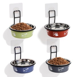 TRUNDISAN 4PCS Multi-Color Raised Pet Bowls, Wall Mounted Elevated Food and Water Bowls, Stainless Steel Hanging Pet Feeding Bowls with Stand, Nonslip