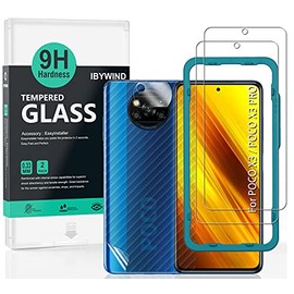 Ibywind Screen Protector for POCO X3 NFC/POCO X3 PRO [Pack of 2] with Camera Lens Protector,Back Carbon Fiber Skin Protector,Including Easy Install Kit