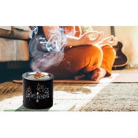 Incense Burner with Sieve (Stainless Steel) Iron in Black Height 2.36 inch [Handmade Motif: Tree of Life/World Tree] for Incense Burning with Tea Light