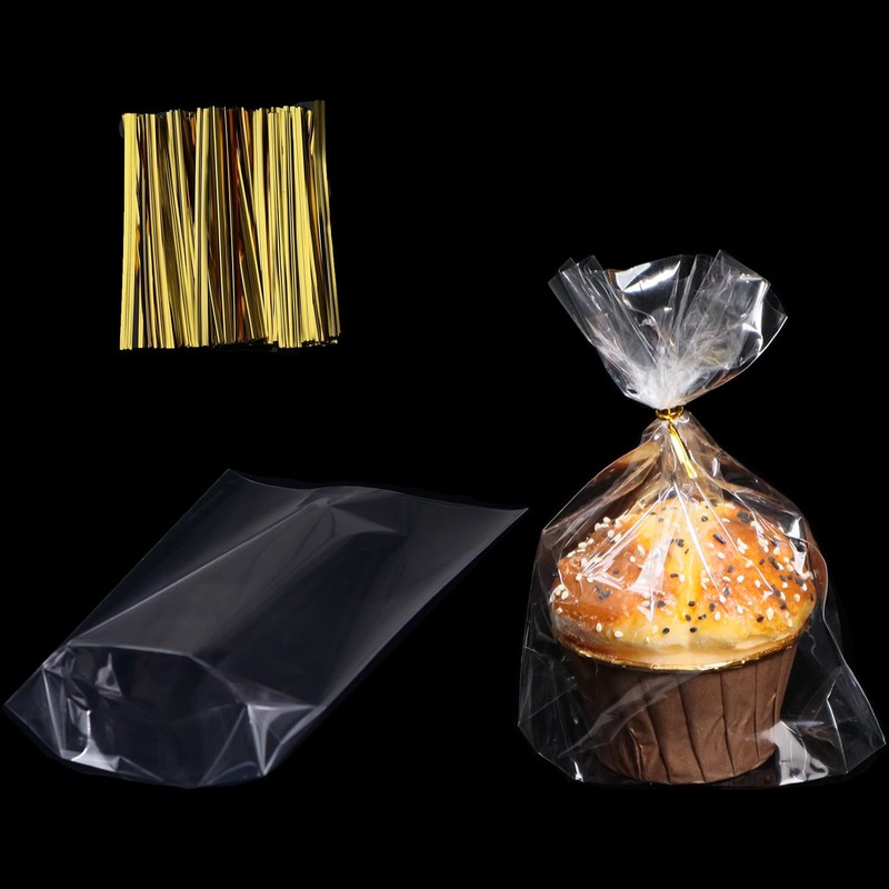 ROSPAKTEK 100 Pcs 5x6.5 Cellophane Muffin Bags with Gold Twist