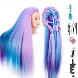 26"Training Head Mannequin Head Hair Styling Manikin Cosmetology Doll Head Synthetic Fiber Hair Hairdressing training model with free clamp (Pink green)