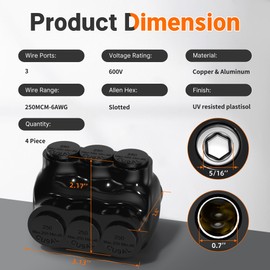 Joinfworld 3 Port Insulated Multi Tap Connector 250MCM-6 Gauge Wire Connectors Aluminum to Copper Wire Connectors Dual Entry Black Electrical Cable Connectors with Slotted Allen Hex - 4 Pack