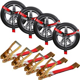 Car Tie Down Straps for Trailers (4PK) – 2'' X 96'' Tire Webbing with Flat Hooks for Easy Tire Securing on Cars, SUVs, Jeeps, or Sports Cars