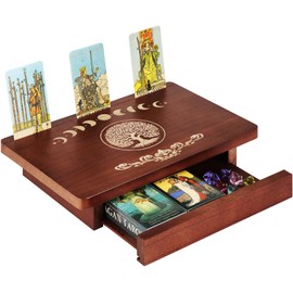 Briwooody Altar Table with Drawer and Tarot Card Holder, Wooden Small Altar Table for Spiritual Meditation Buddhist Altar Moon Phases Life Tree Engraved Wiccan Altar Table Witchy Decor, 12" x 8"