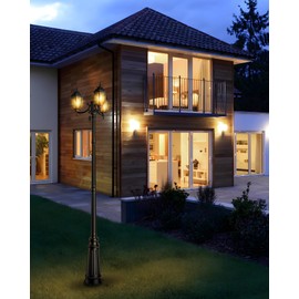 HORTUZZ Lamp Post Outdoor Lighting, 3-Head Black Hard Wired Pole Light for Outside, E26 Base Maximum 100W (Bulb Not Included), Waterproof Street Light Fixture for Yard, Garden, Driveway (Classic)